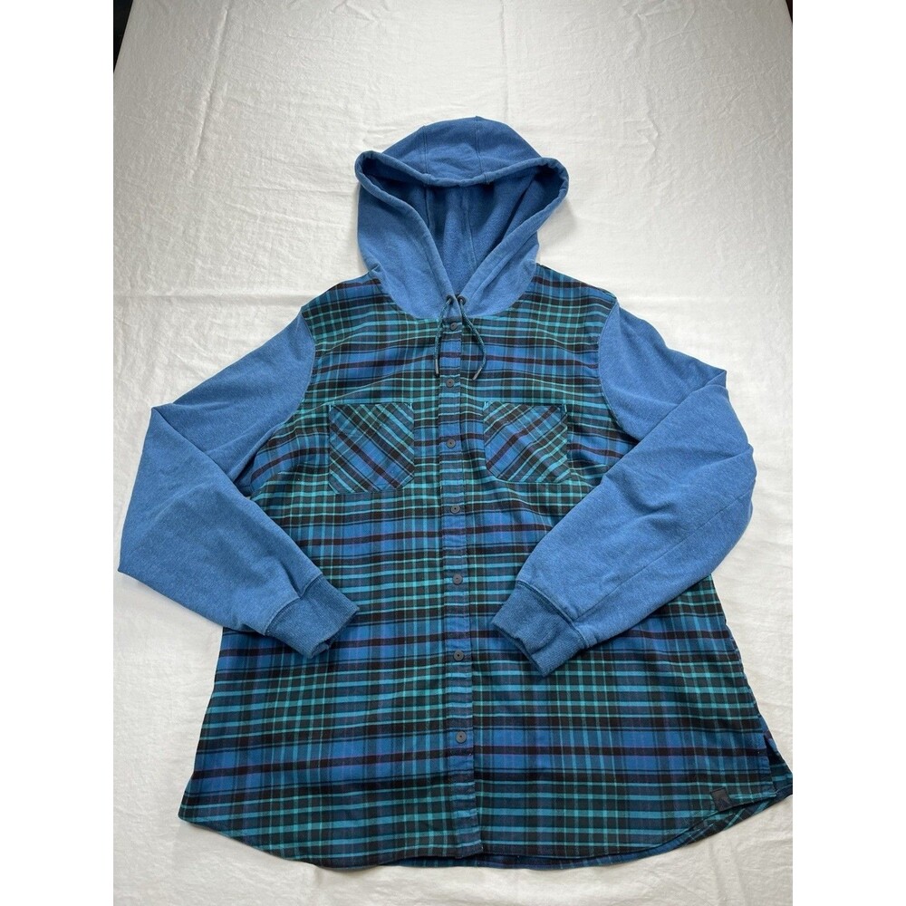 L.L. Bean Women's XL Blue Plaid Flannel Shirt Jacket Hoodie Fleece Lined Shacket